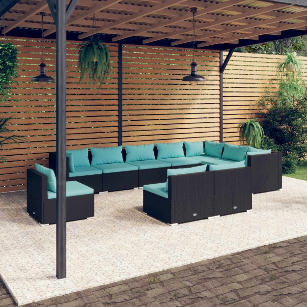 Set Divani da Giardino 10 pz con Cuscini in Polyrattan Nero