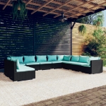 Set Divani da Giardino 10 pz con Cuscini in Polyrattan Nero