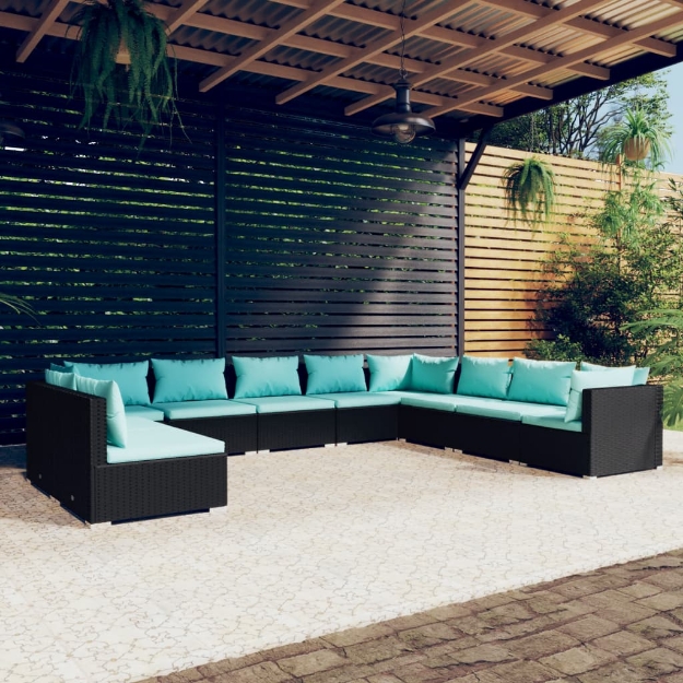 Set Divani da Giardino 10 pz con Cuscini in Polyrattan Nero