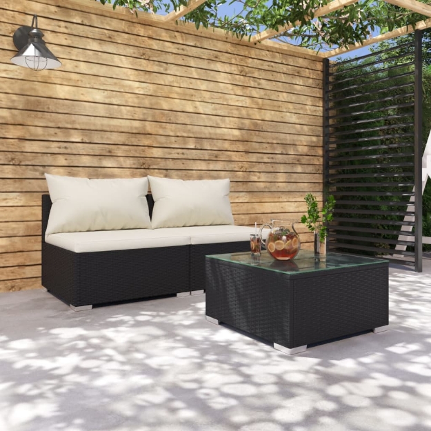 Set Divani da Giardino con Cuscini 3 pz in Polyrattan Nero