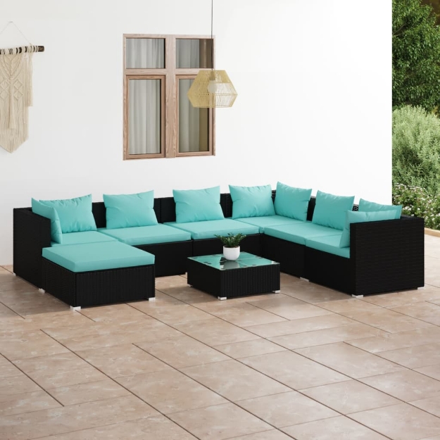 Set Divani da Giardino 8 pz con Cuscini in Polyrattan Nero