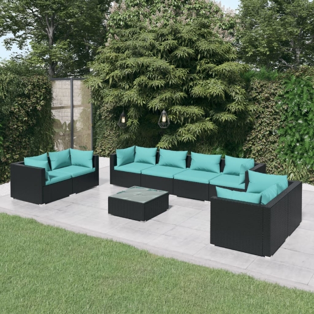 Set Divani da Giardino 9 pz con Cuscini in Polyrattan Nero