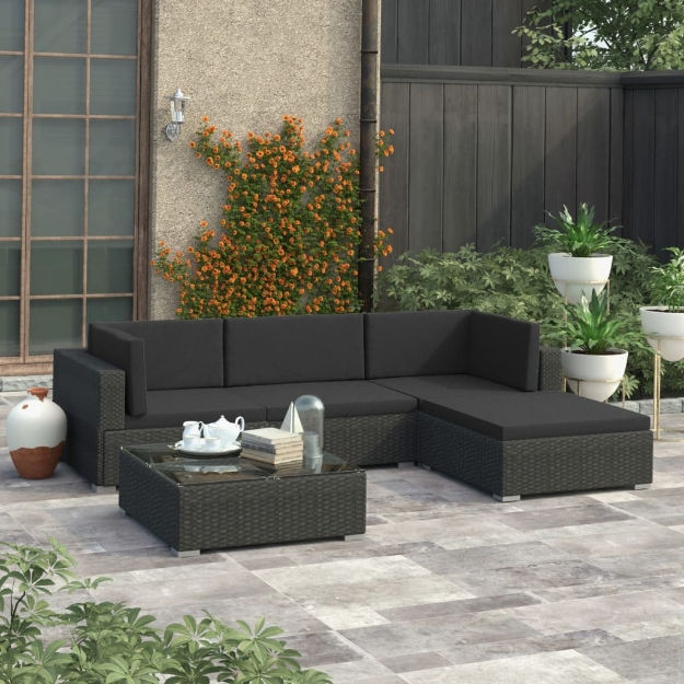 Set Divani da Giardino 5 pz con Cuscini in Polyrattan Nero