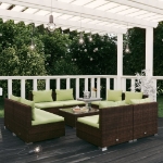 Set da Giardino 9 pz con Cuscini in Polyrattan Marrone