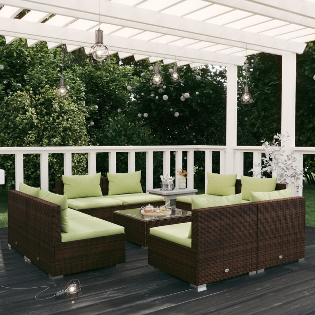 Set da Giardino 9 pz con Cuscini in Polyrattan Marrone