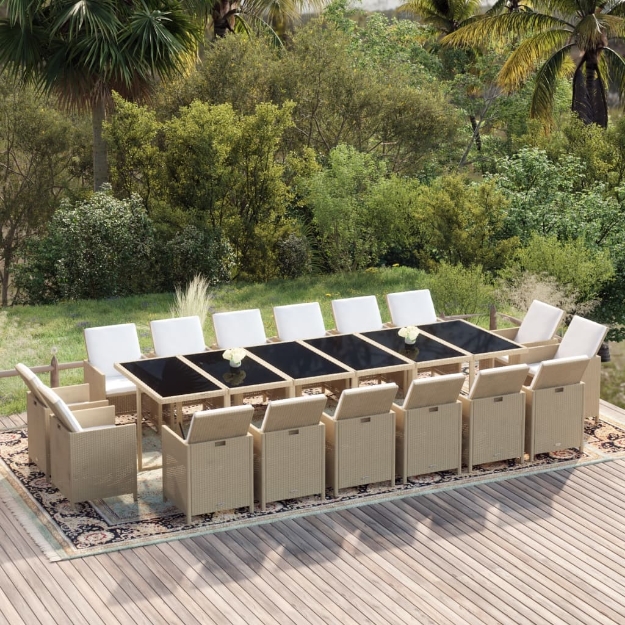 Set da Pranzo per Giardino 17pz con Cuscini in Polyrattan Beige