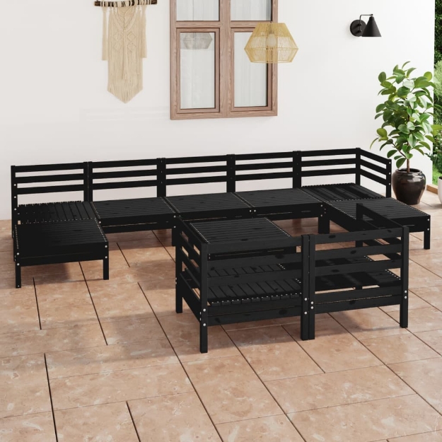 Set Divani da Giardino 10 pz Nero in Legno Massello di Pino