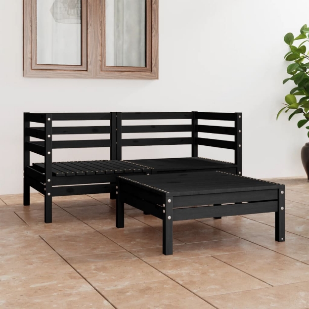 Set Divani da Giardino 3 pz Nero in Legno Massello di Pino