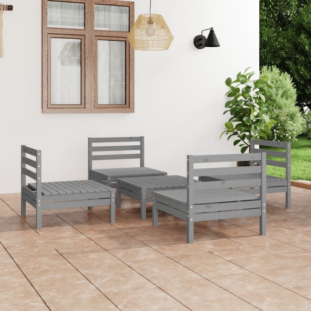 Set Divani da Giardino 5 pz Grigio in Legno Massello di Pino