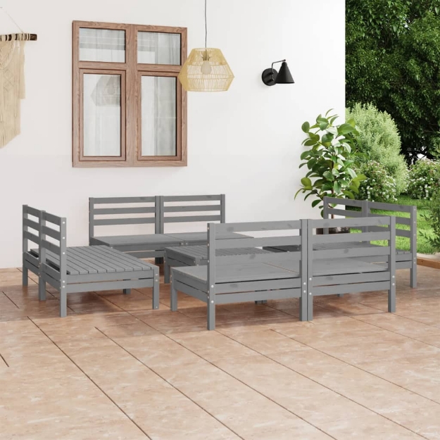 Set Divani da Giardino 9 pz Grigio in Legno Massello di Pino