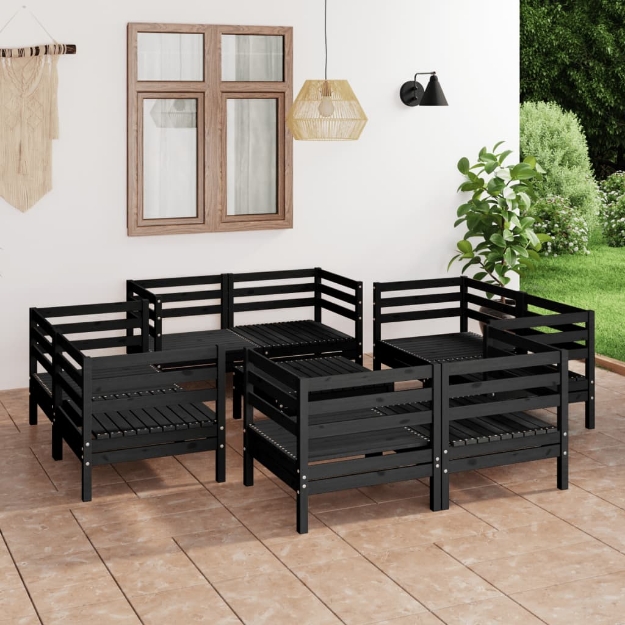 Set Divani da Giardino 9 pz Nero in Legno Massello di Pino