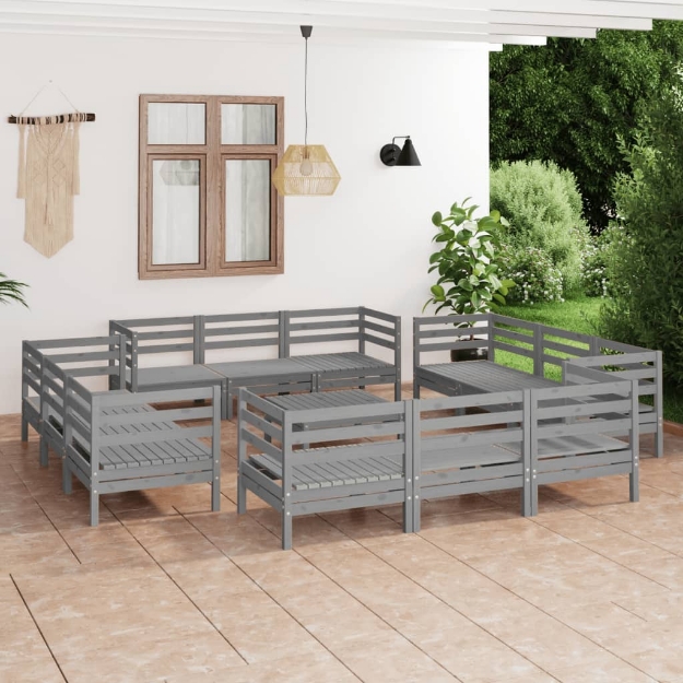 Set Divani da Giardino 13 pz Grigio in Legno Massello di Pino