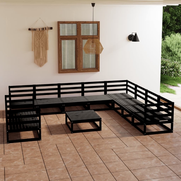 Set Divani da Giardino 11 pz Nero in Legno Massello di Pino