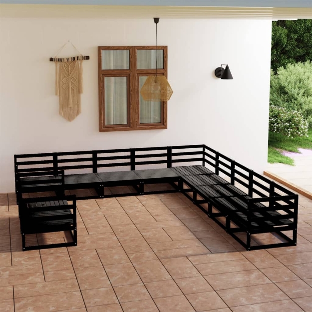 Set Divani da Giardino 11 pz Nero in Legno Massello di Pino