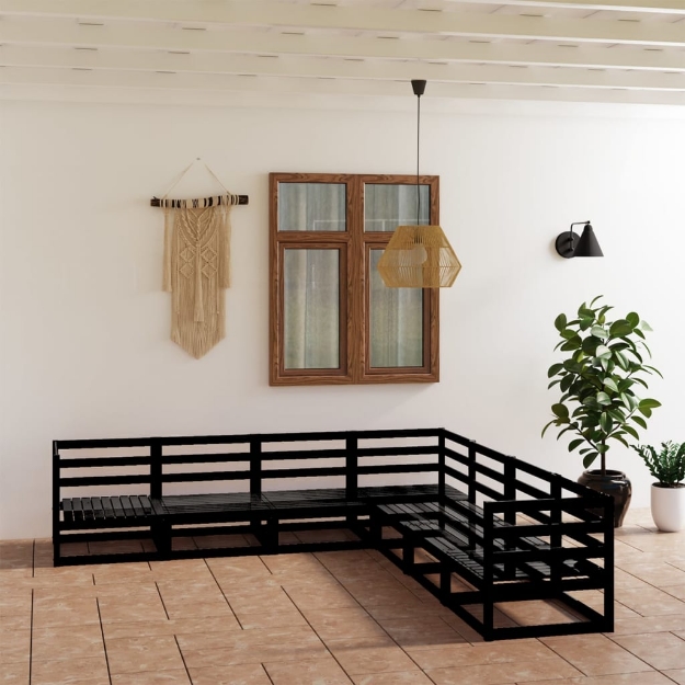 Set Divani da Giardino 7 pz Nero in Legno Massello di Pino