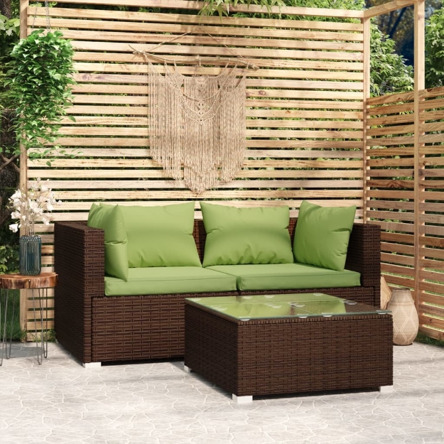 Set Divani da Giardino con Cuscini 3 pz in Polyrattan Marrone