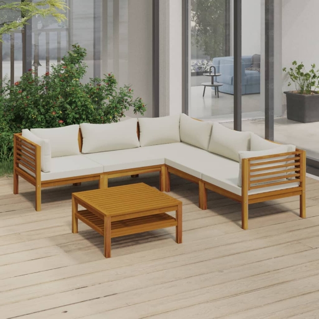 Set Divani da Giardino 6 pz con Cuscini Crema in Legno Acacia