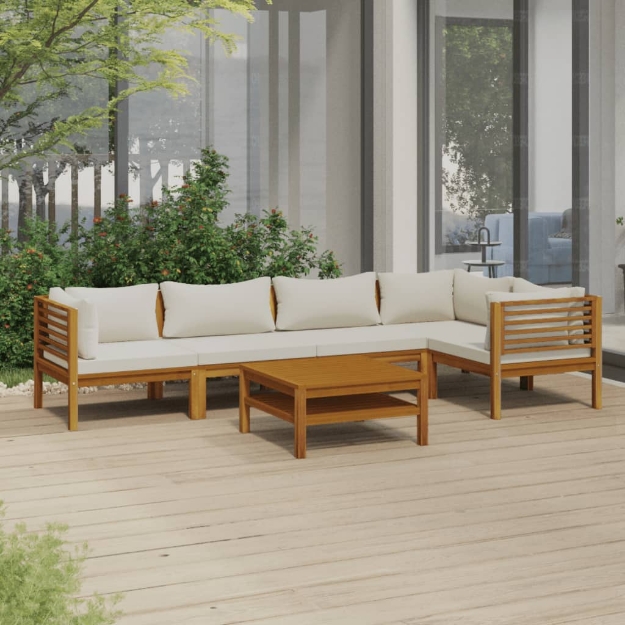 Set Divani da Giardino 6 pz con Cuscini Crema in Legno Acacia