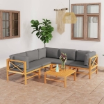 Set Divani da Giardino 6pz Cuscini Grigi Legno Massello di Teak