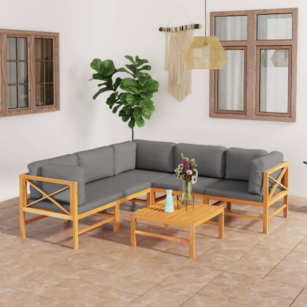 Set Divani da Giardino 6pz Cuscini Grigi Legno Massello di Teak