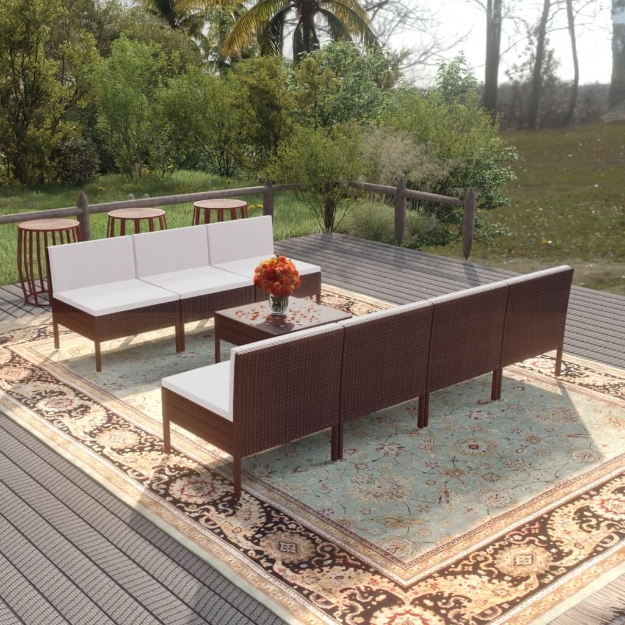 Set Divani da Giardino 8 pz con Cuscini in Polyrattan Marrone