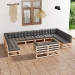 Set Divani da Giardino 12 pz con Cuscini Legno Massello di Pino