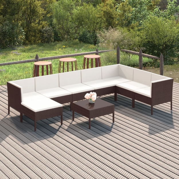 Set Divani da Giardino 9 pz con Cuscini in Polyrattan Marrone