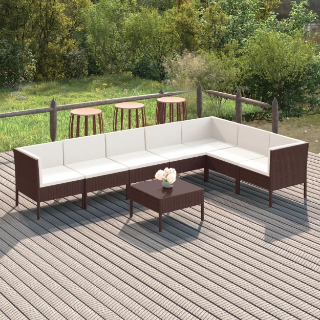 Set Divani da Giardino 8 pz con Cuscini in Polyrattan Marrone