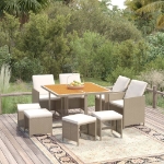 Set da Pranzo per Giardino 9pz con Cuscini in Polyrattan Beige