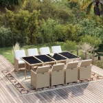 Set da Pranzo per Giardino 9pz con Cuscini in Polyrattan Beige