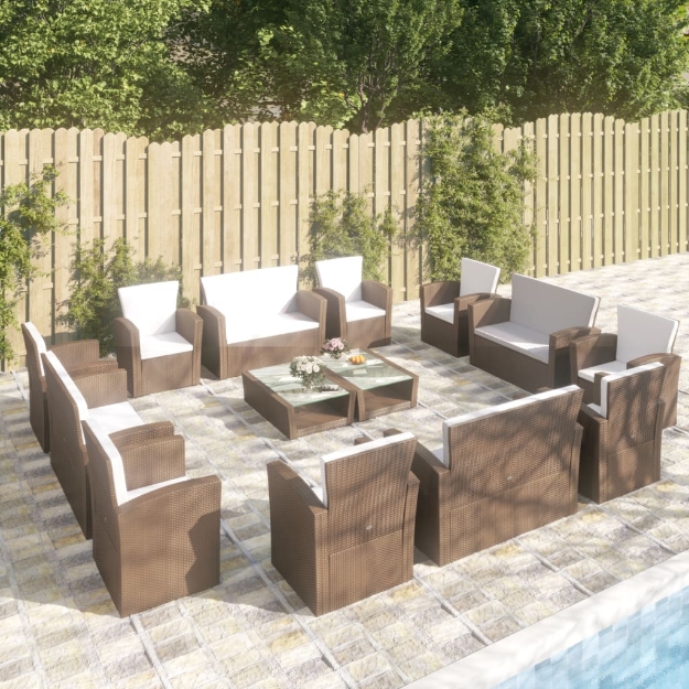 Set Divani da Giardino 16 pz con Cuscini in Polyrattan Marrone