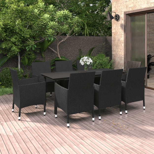 Set da Pranzo da Giardino e Cuscini 9 pz in Polyrattan e Vetro