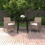 Set da Pranzo da Giardino 3 pz con Cuscini Polyrattan e Vetro