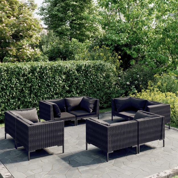 Set Divani Giardino 8 pz con Cuscini in Polyrattan Grigio Scuro