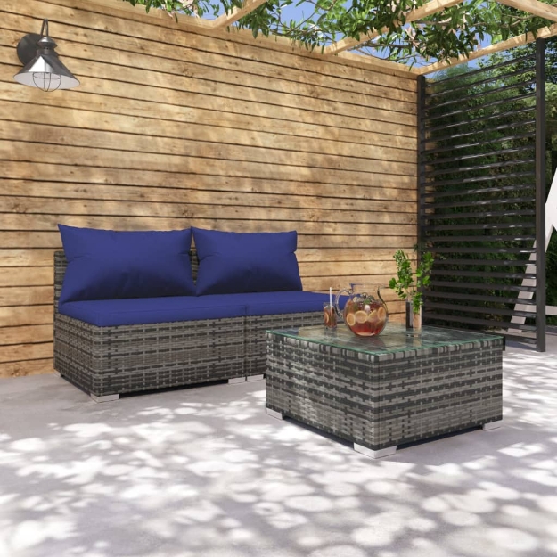 Set Divani da Giardino con Cuscini 3 pz in Polyrattan Grigio