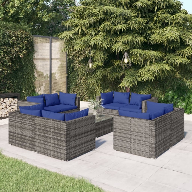 Set Divani da Giardino 9 pz con Cuscini in Polyrattan Grigio