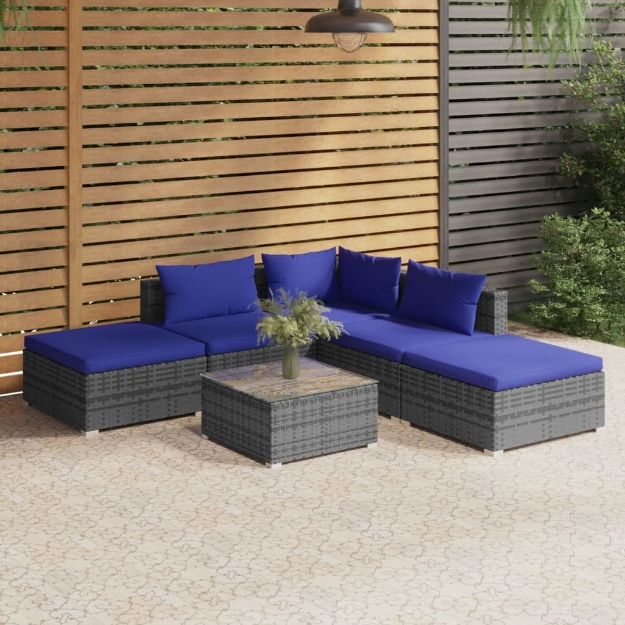 Set Divani da Giardino 6 pz con Cuscini in Polyrattan Grigio