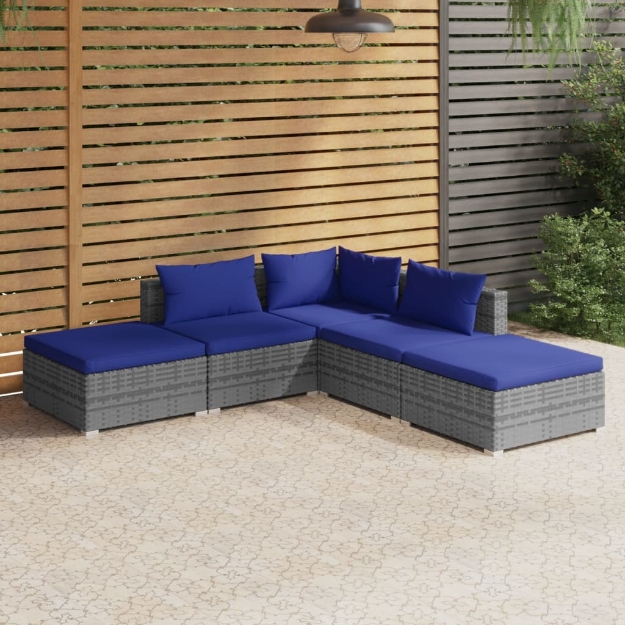 Set Divani da Giardino 5 pz con Cuscini in Polyrattan Grigio