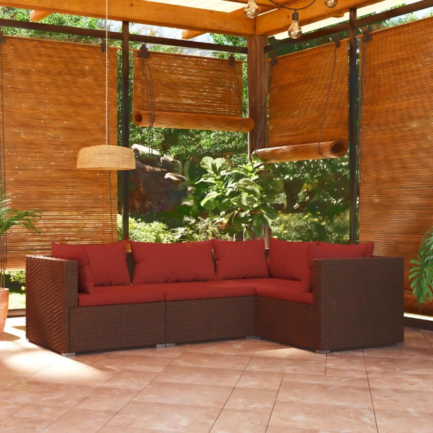 Set Divani da Giardino 4 pz con Cuscini in Polyrattan Marrone