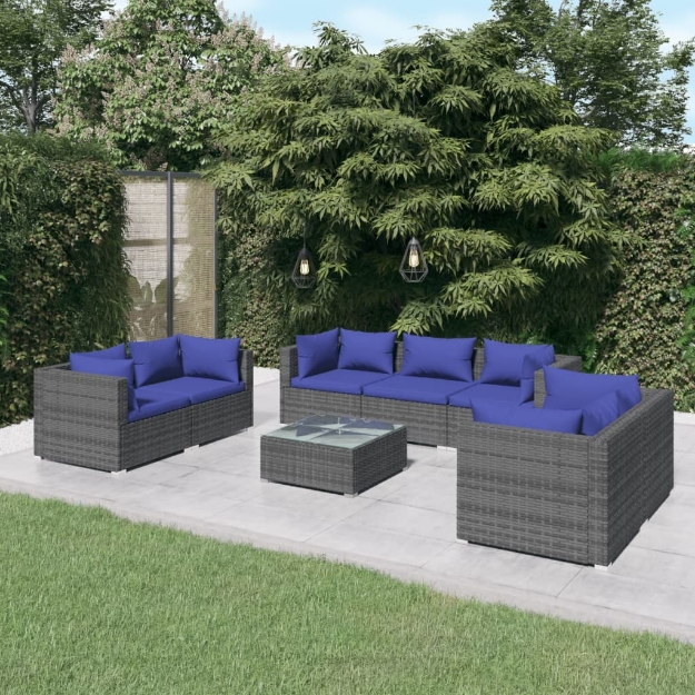 Set Divani da Giardino 8 pz con Cuscini in Polyrattan Grigio