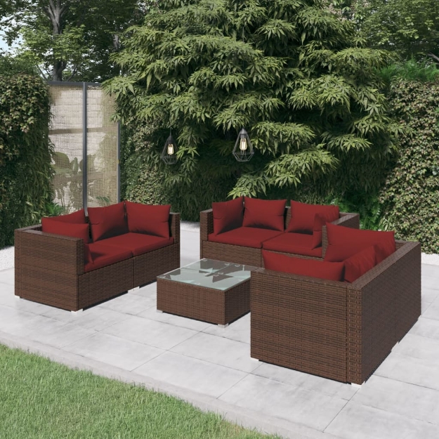 Set Divani da Giardino 7 pz con Cuscini in Polyrattan Marrone