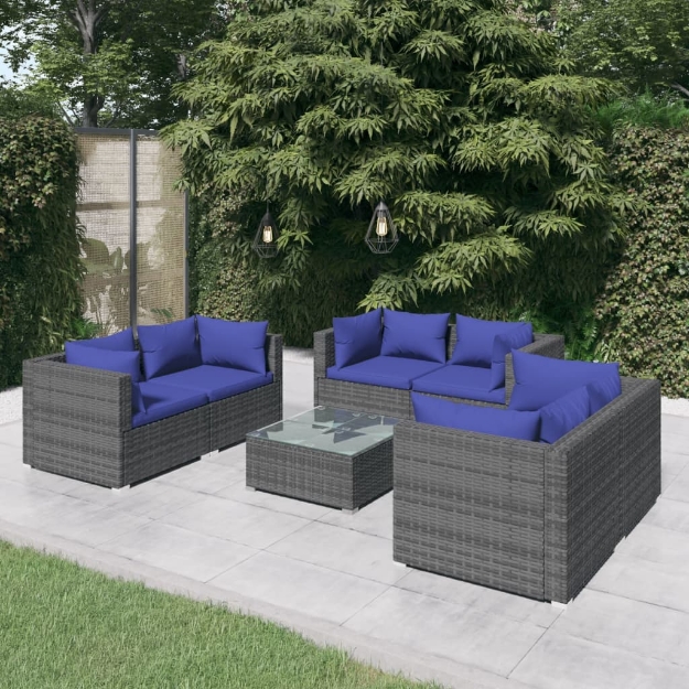 Set Divani da Giardino 7 pz con Cuscini in Polyrattan Grigio