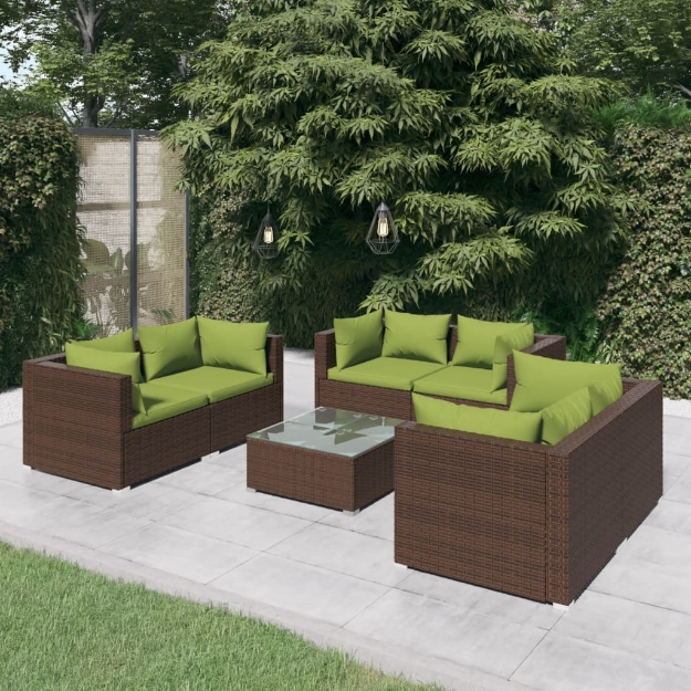 Set Divani da Giardino 7 pz con Cuscini in Polyrattan Marrone