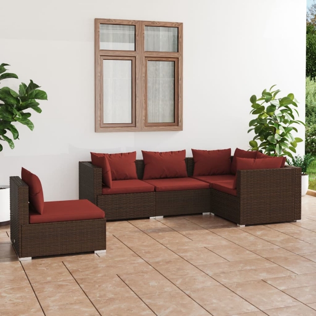 Set Divani da Giardino 5 pz con Cuscini in Poly Rattan Marrone