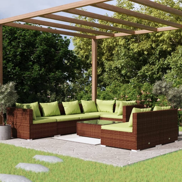 Set Divani da Giardino 8 pz con Cuscini in Polyrattan Marrone