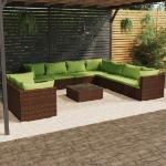 Set Divani da Giardino 10 pz con Cuscini in Polyrattan Marrone