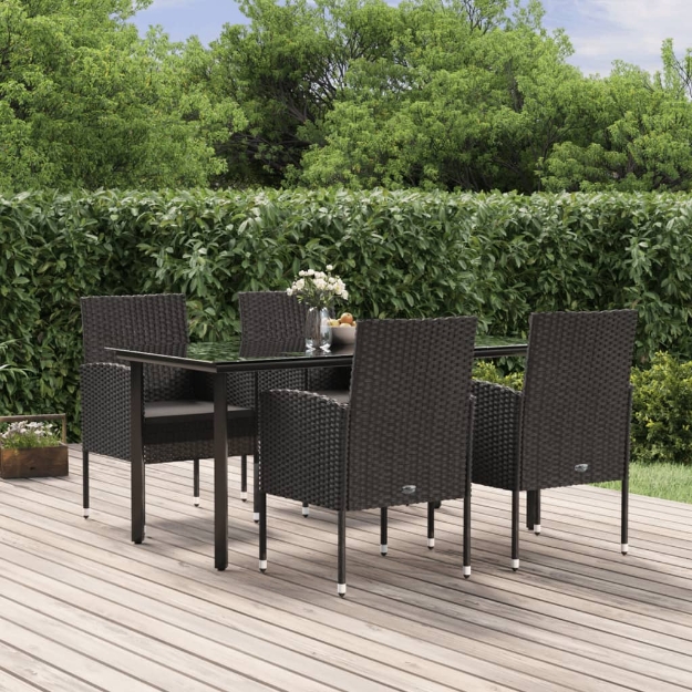 Set da Pranzo da Giardino 5 pz Nero con Cuscini in Polyrattan