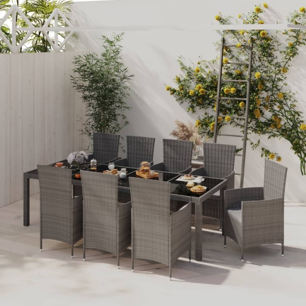 Set da Pranzo da Giardino 9 pz con Cuscini in Polyrattan Grigio