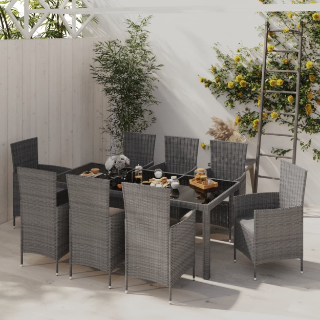 Set da Pranzo da Giardino 9 pz con Cuscini in Polyrattan Grigio