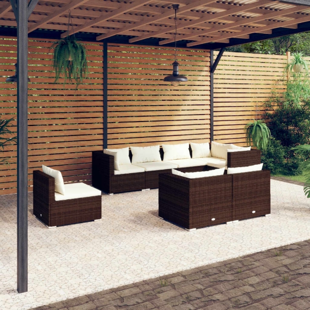 Set Divani da Giardino 8 pz con Cuscini in Polyrattan Marrone